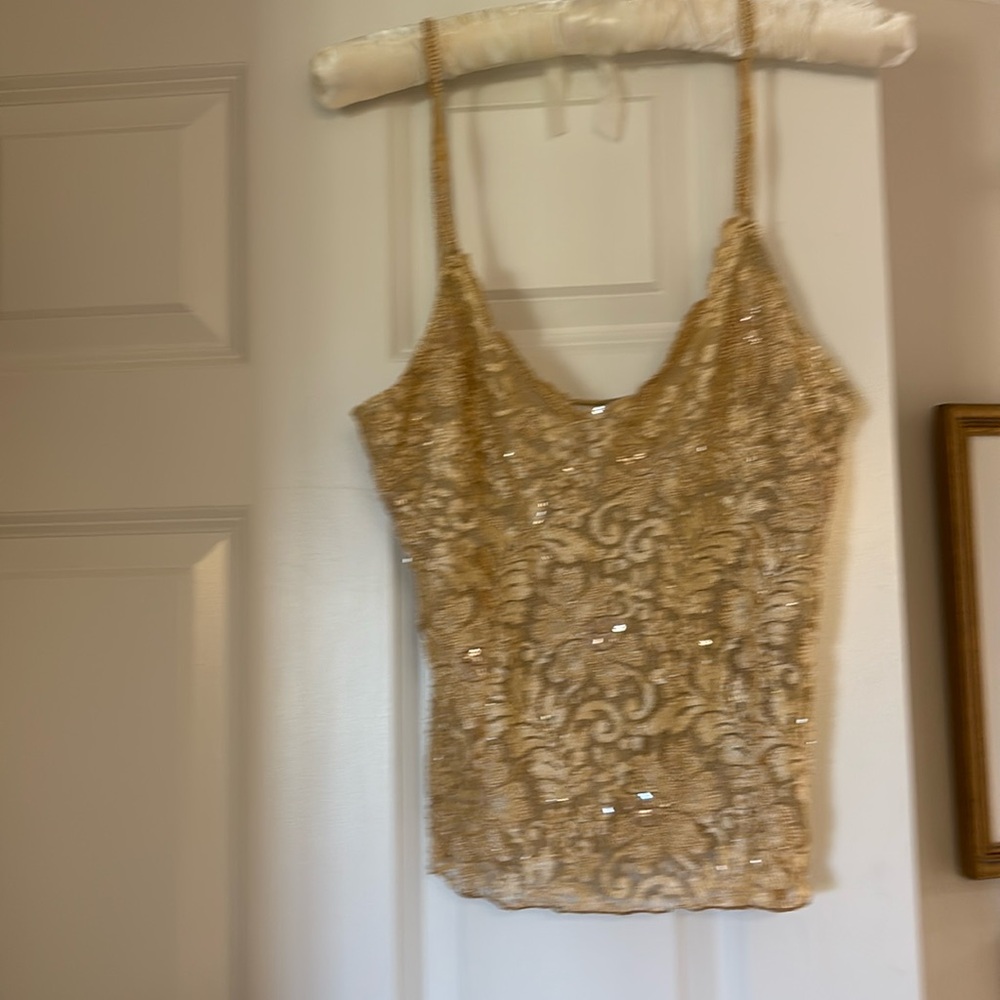 Cache Gold Beaded Cami
Size M 
Side Zip Straps are 1/2 inch
Lined